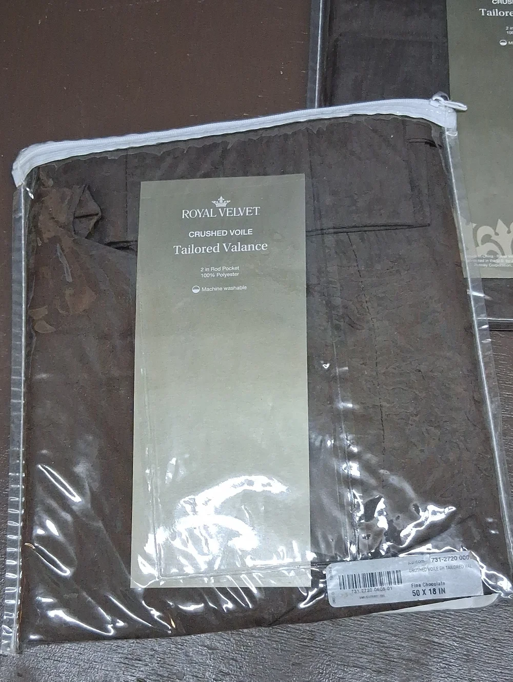 (3) Tailored Valances, Sheer‎ Brown Color, Crushed Voile, NIB.